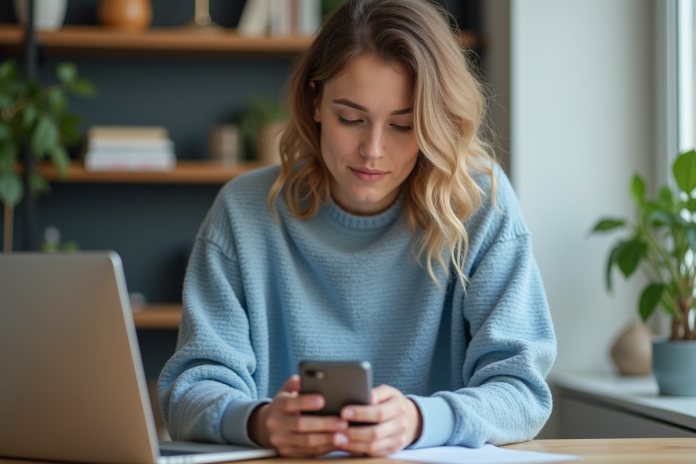 Femme concentrée synchronisant fichiers sur ordinateur et smartphone