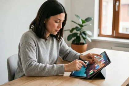 Femme utilisant une tablette Android sur un bureau en bois dans un bureau à domicile moderne
