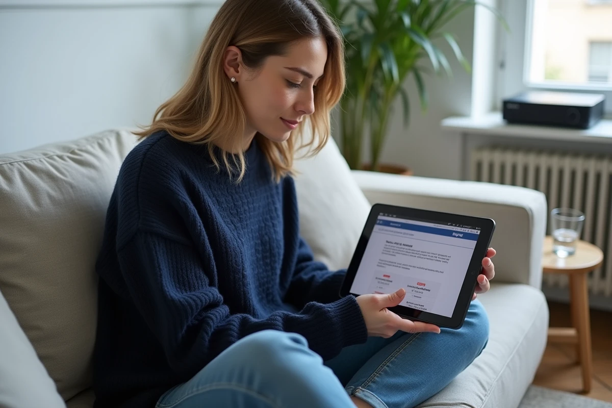 Femme consultant une checklist de dépannage sur tablette pour résoudre l'erreur Freebox 20 FF