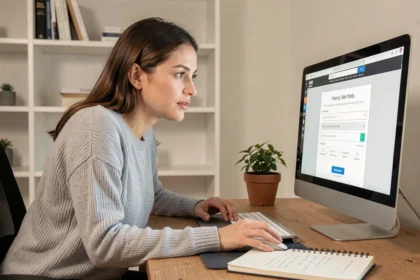 Femme utilisant un outil en ligne de traduction de photo sur son ordinateur de bureau à domicile