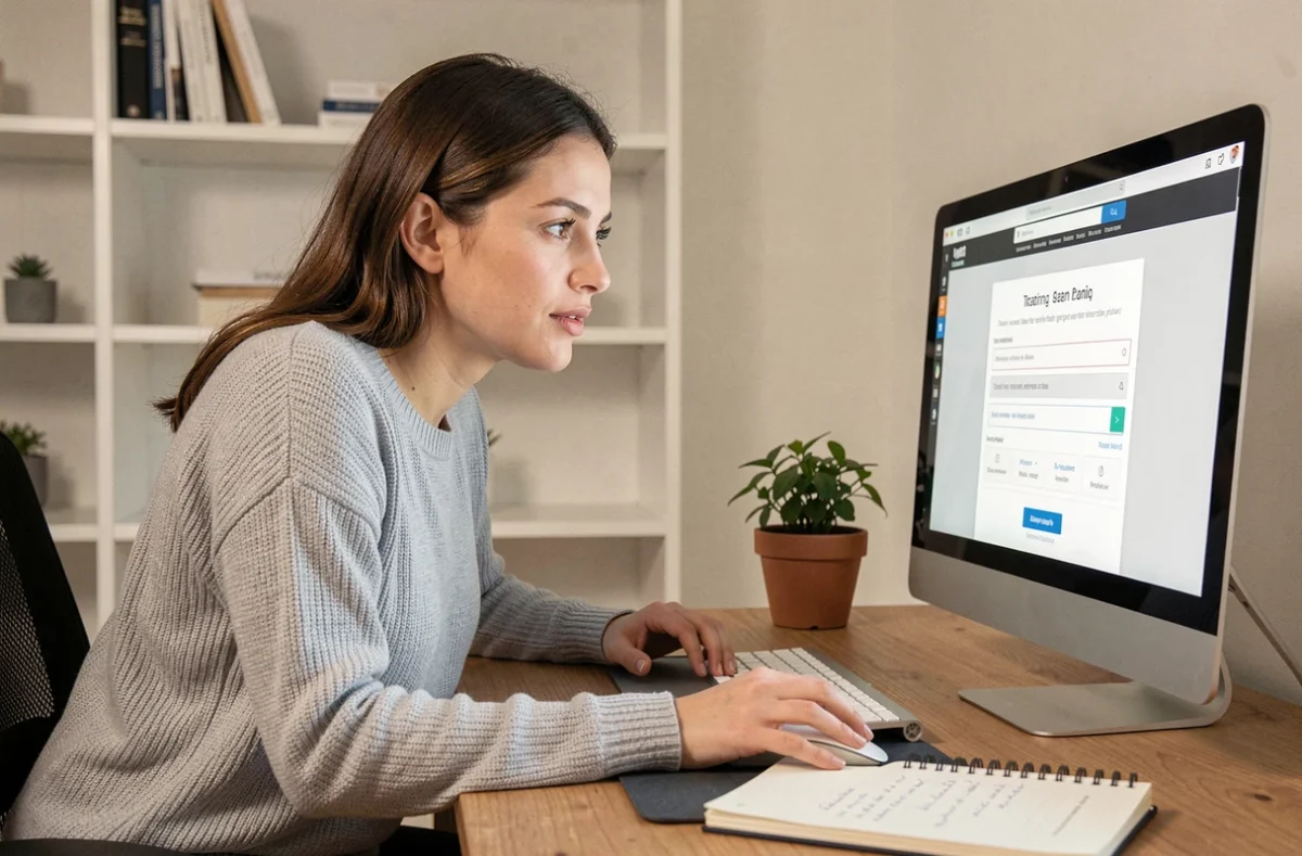 Femme utilisant un outil en ligne de traduction de photo sur son ordinateur de bureau à domicile