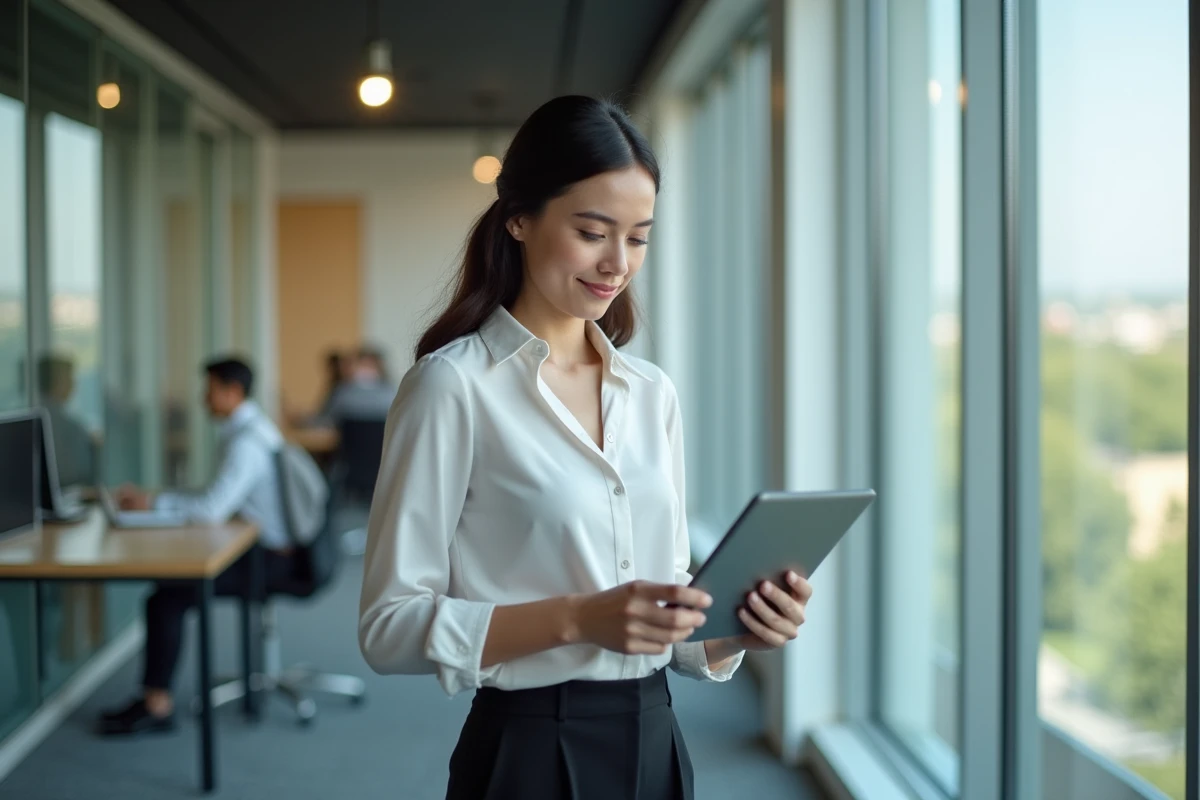 Jeune femme utilisant une tablette dans un bureau lumineux