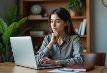 Femme concentrée travaillant sur son ordinateur dans un bureau moderne