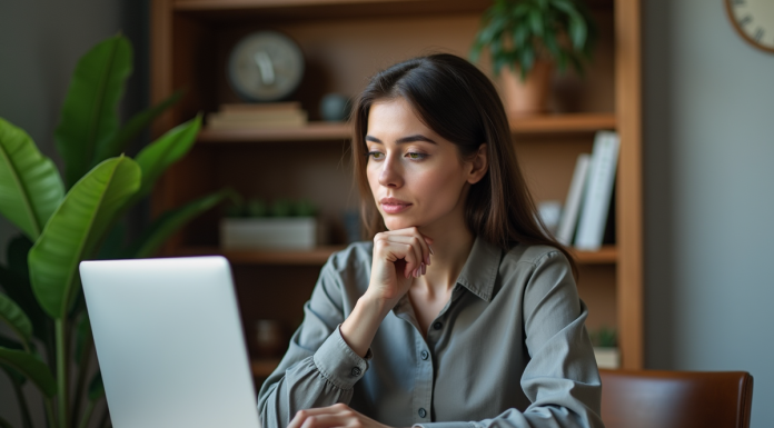 Femme concentrée travaillant sur son ordinateur dans un bureau moderne