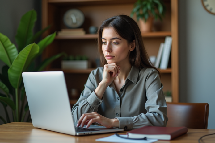 Femme concentrée travaillant sur son ordinateur dans un bureau moderne