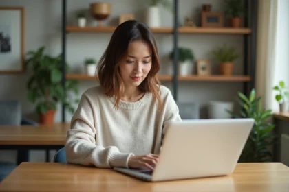 Femme travaillant sur son ordinateur dans un appartement moderne