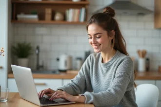 Jeune femme souriante travaillant sur son ordinateur portable à la maison