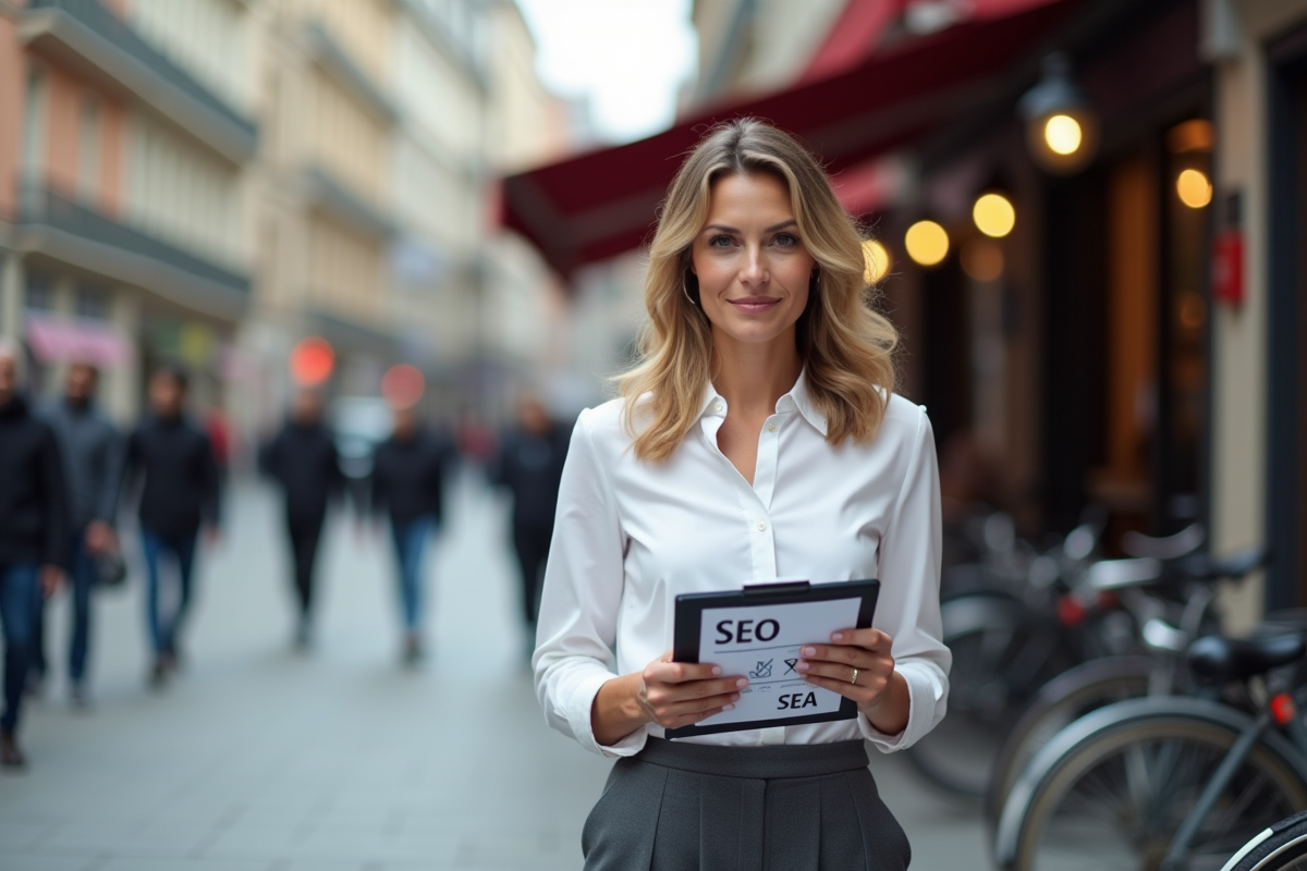 Femme en extérieur tenant un tableau de stratégie SEO et SEA