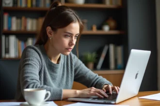 Femme analysant attentivement un site web sur son ordinateur portable pour détecter une arnaque en ligne