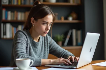 Femme analysant attentivement un site web sur son ordinateur portable pour détecter une arnaque en ligne