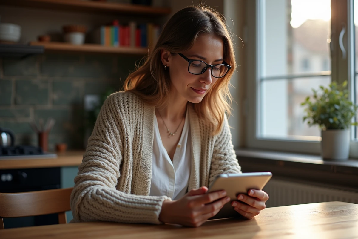 Jeune femme en visio sur tablette à la maison