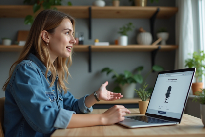 Jeune femme au bureau utilisant la reconnaissance vocale