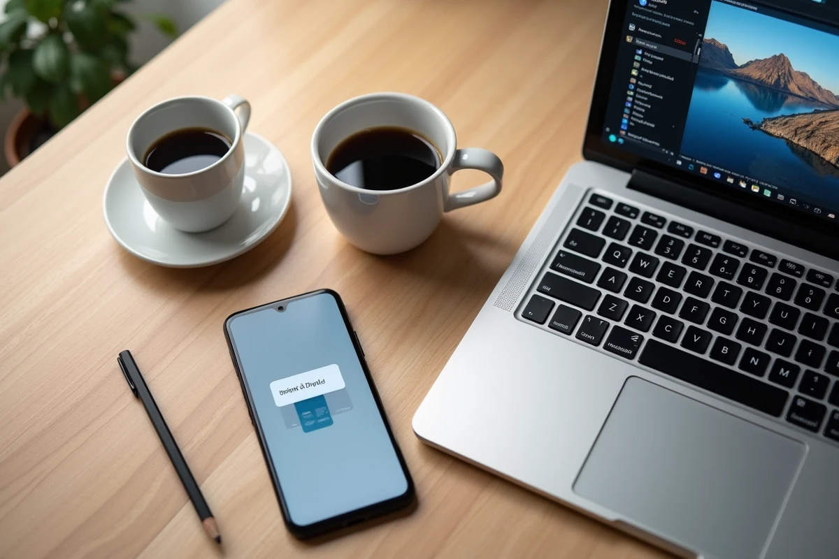 Vue aérienne d'un bureau avec smartphone affichant un lien d'image partagé et laptop avec extension navigateur ouverte