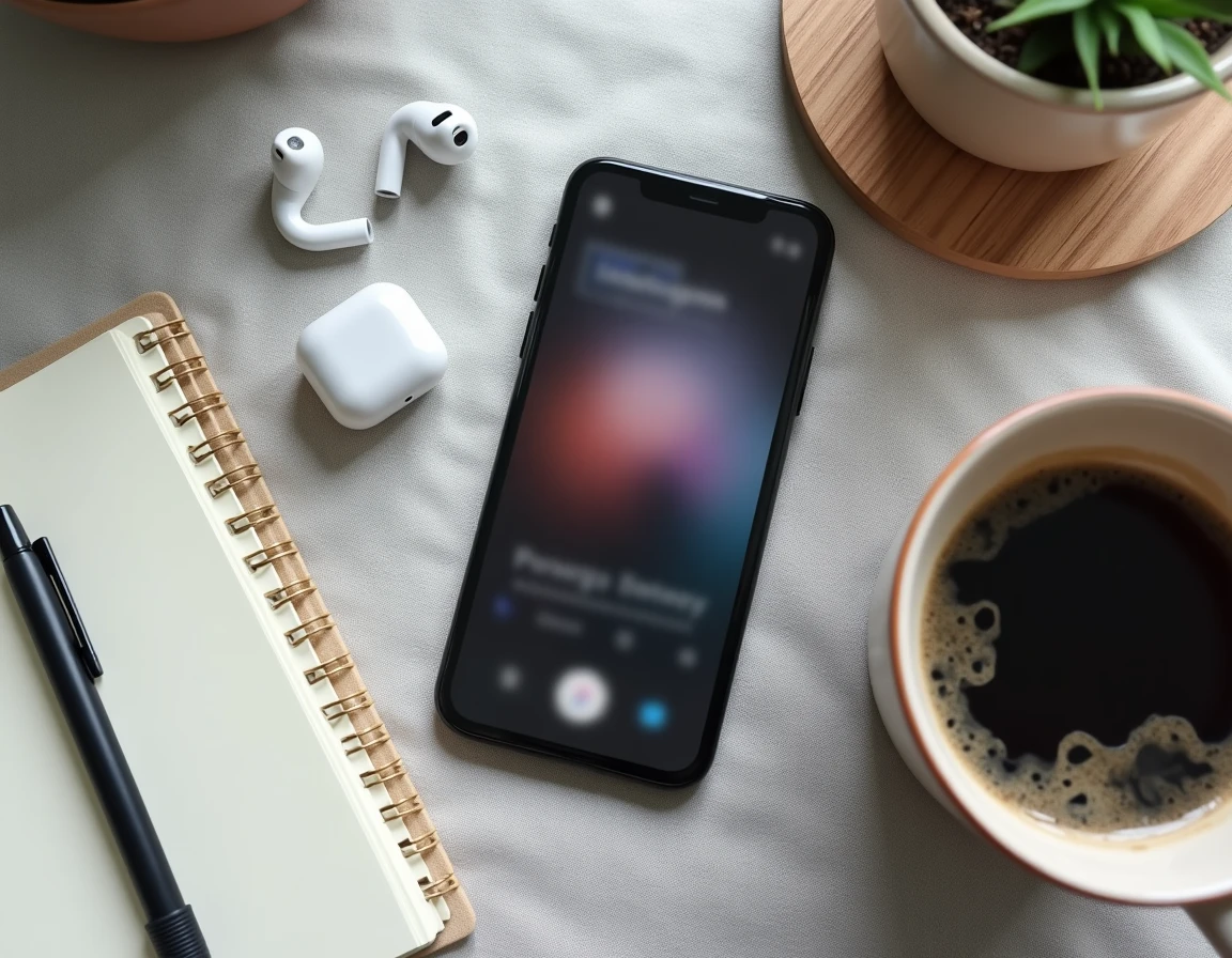 Flatlay minimaliste d'un smartphone affichant des stories Instagram avec un carnet et un café, concept de navigation anonyme