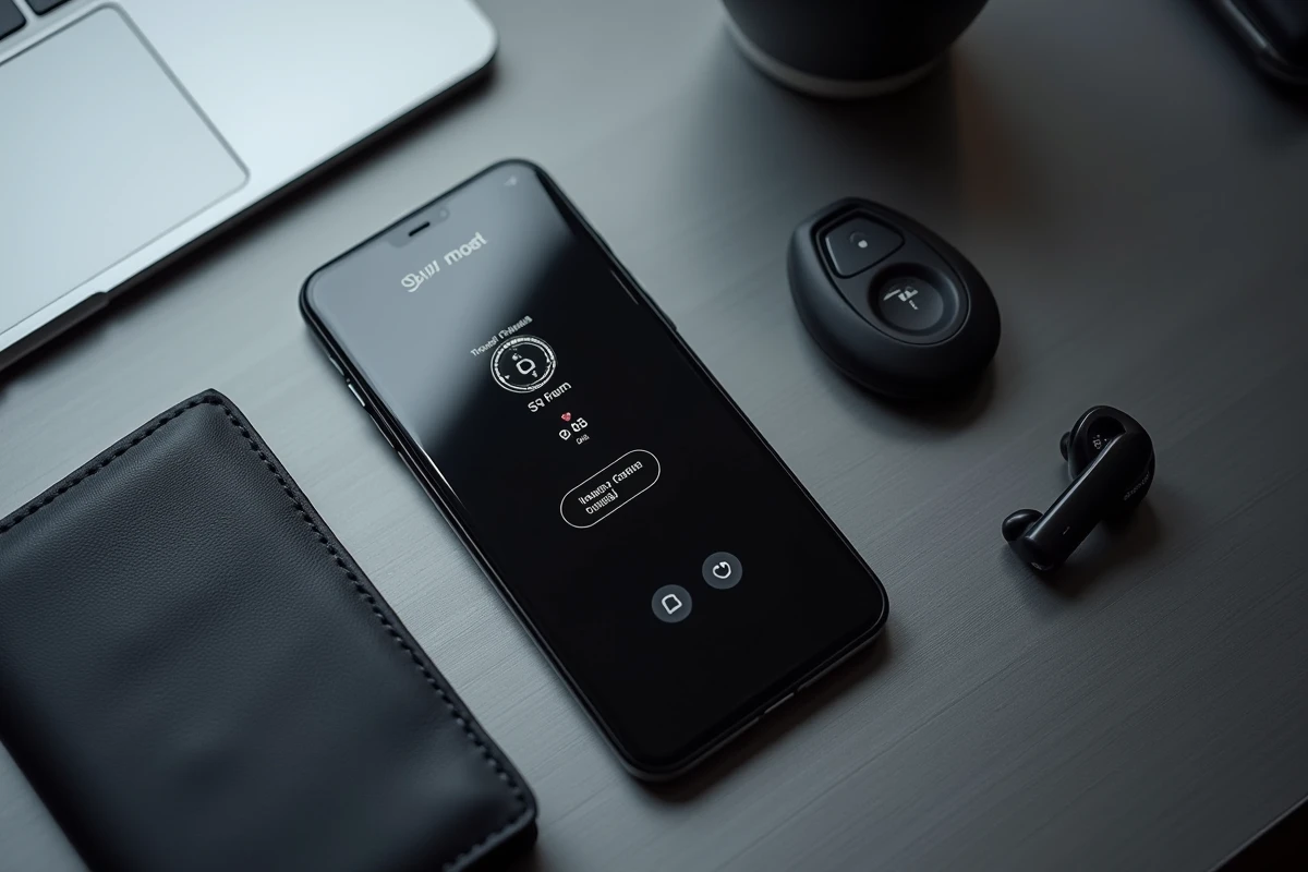 Flat-lay d'un smartphone Tesla, d'un porte-clés et d'accessoires connectés sur une surface en aluminium brossé