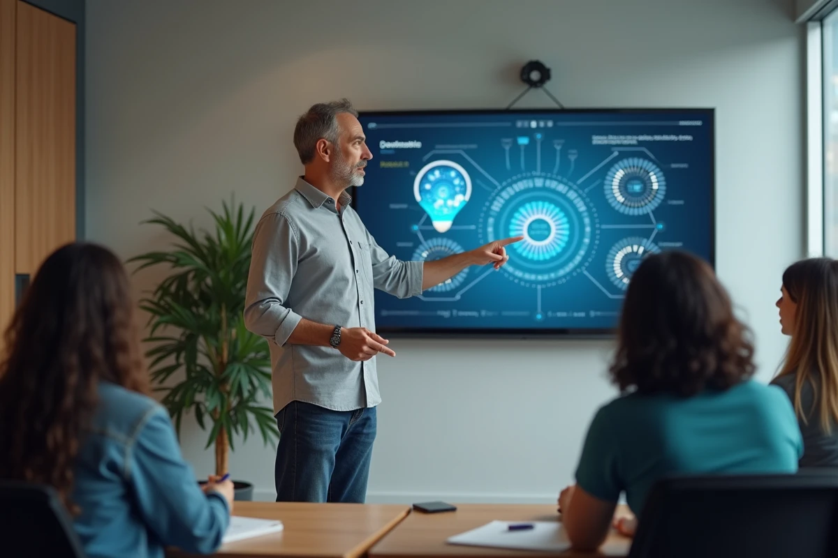 Formateur présentant des visuels générés par intelligence artificielle à un groupe d'adultes en salle de formation professionnelle