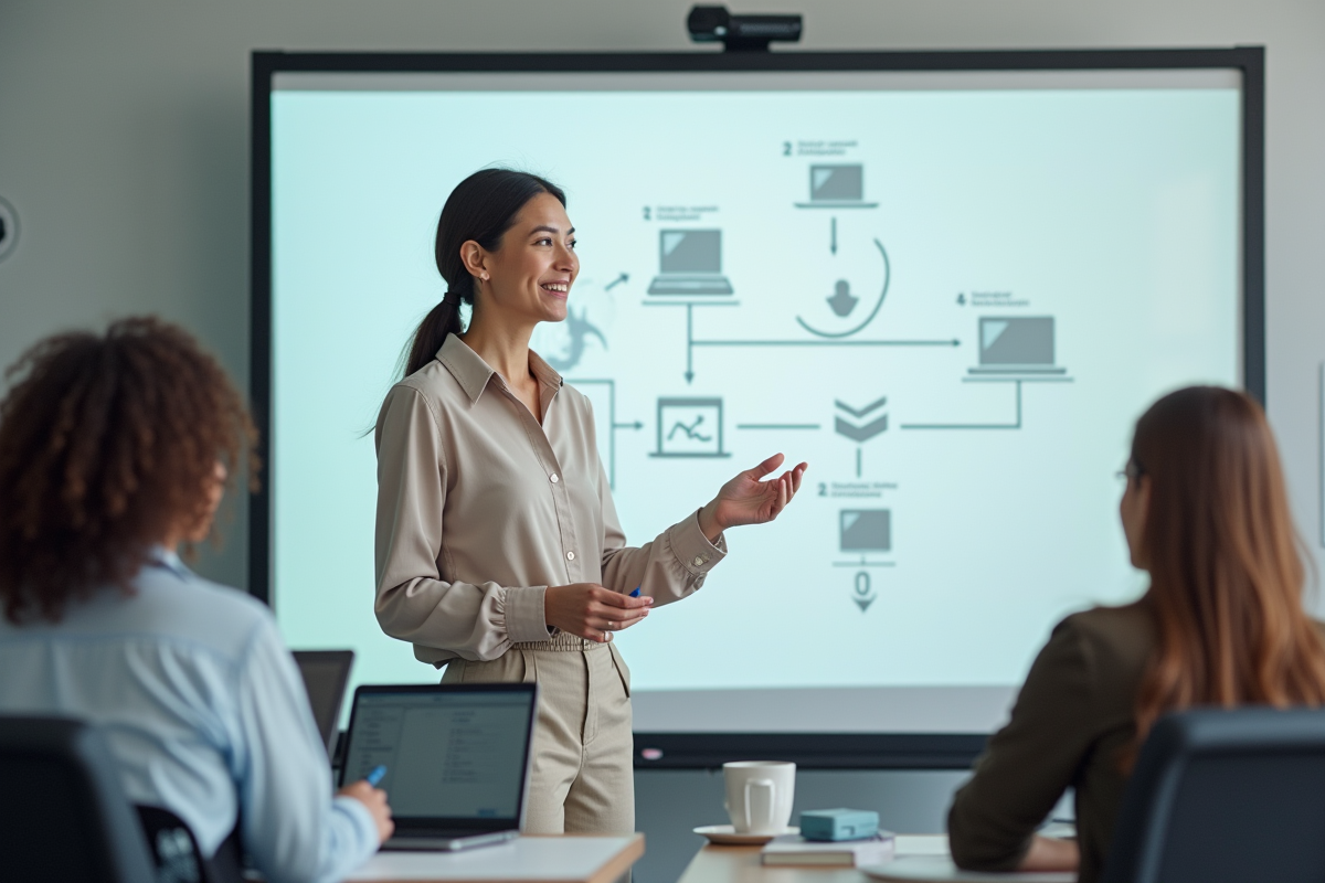 Formateur expliquant des diagrammes devant un groupe d