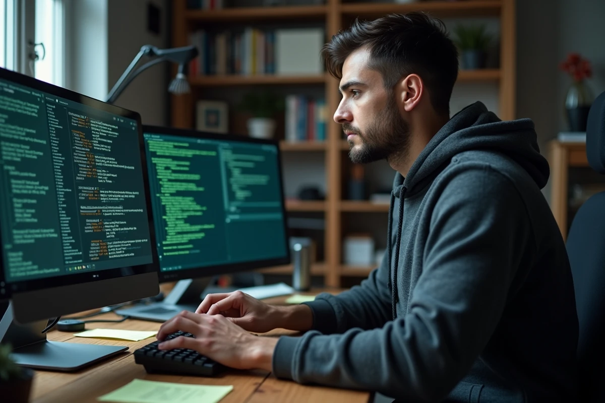 Professionnel IT travaillant sur Kali Linux avec une machine virtuelle sur deux écrans dans un bureau à domicile