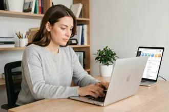Femme gérant sa boîte mail sur un ordinateur portable dans un bureau à domicile bien organisé