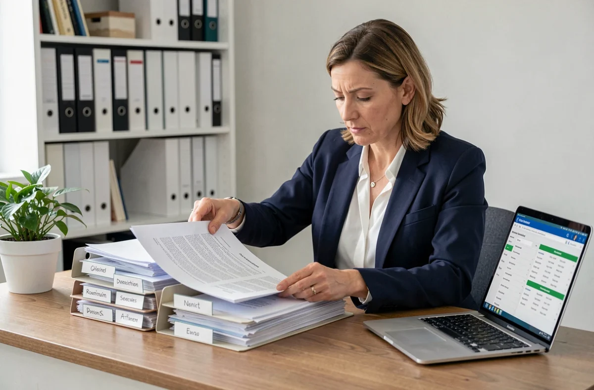 Femme professionnelle organisant des documents administratifs papier et numériques dans un bureau moderne, illustrant la gestion de coffre-fort documentaire