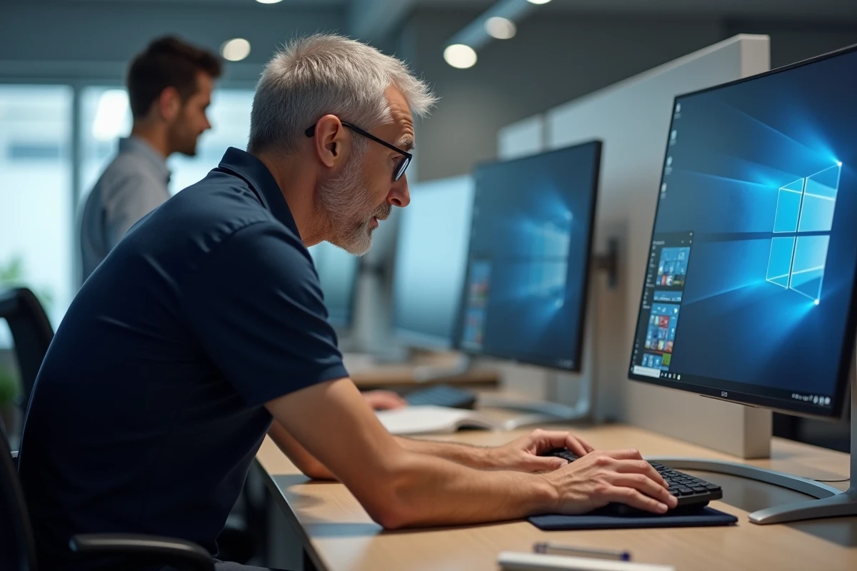 Homme en bureau d'entreprise faisant glisser une icône directement sur le bureau Windows sans utiliser le panneau de configuration