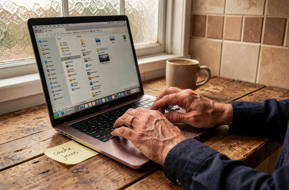 Gros plan sur des mains naviguant dans les dossiers cache macOS sur un MacBook Pro posé sur une table en bois rustique