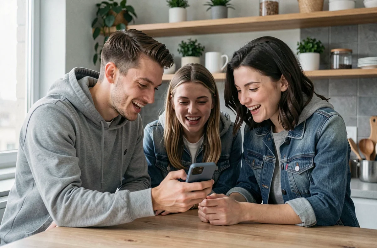 Groupe de jeunes adultes réunis autour d'un smartphone dans une cuisine moderne, découvrant ensemble des groupes Snapchat actifs