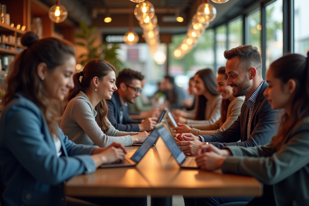 Groupe diversifié dans un café avec publicités sur leurs écrans