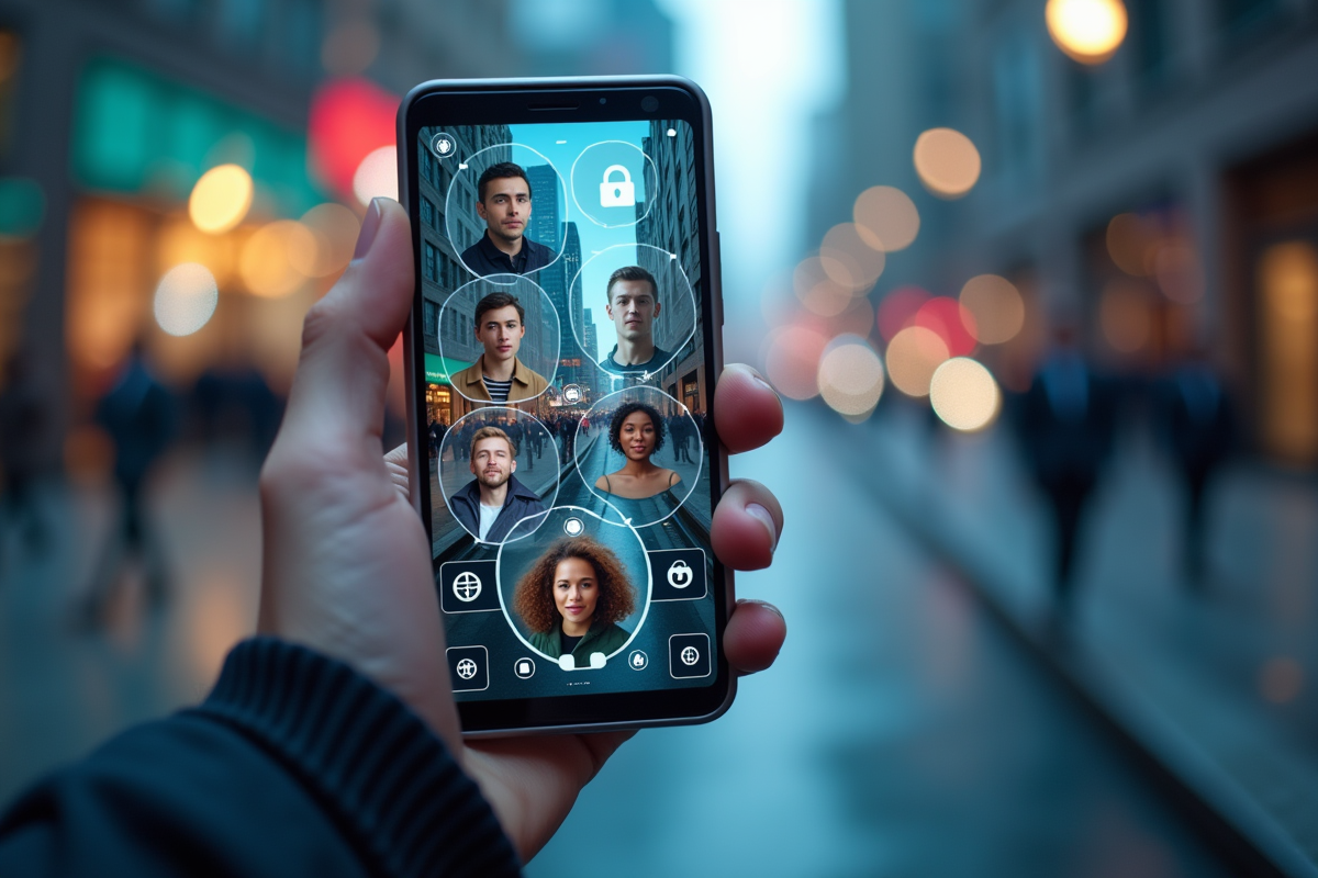 Groupe diversifié vu dans un smartphone avec icônes de confidentialité