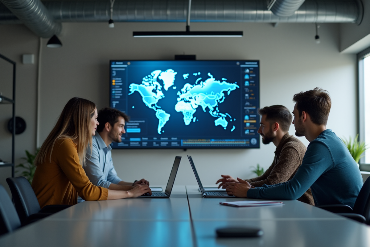 Groupe de jeunes autour d un écran réseau dans un bureau