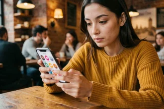 Jeune femme consultant des groupes actifs sur Snapchat dans un café urbain, tenant son smartphone avec une interface de réseaux sociaux visible à l'écran