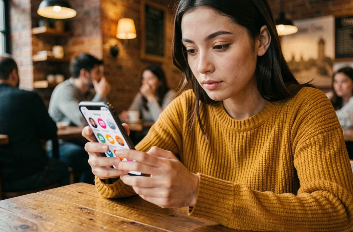 Jeune femme consultant des groupes actifs sur Snapchat dans un café urbain, tenant son smartphone avec une interface de réseaux sociaux visible à l'écran
