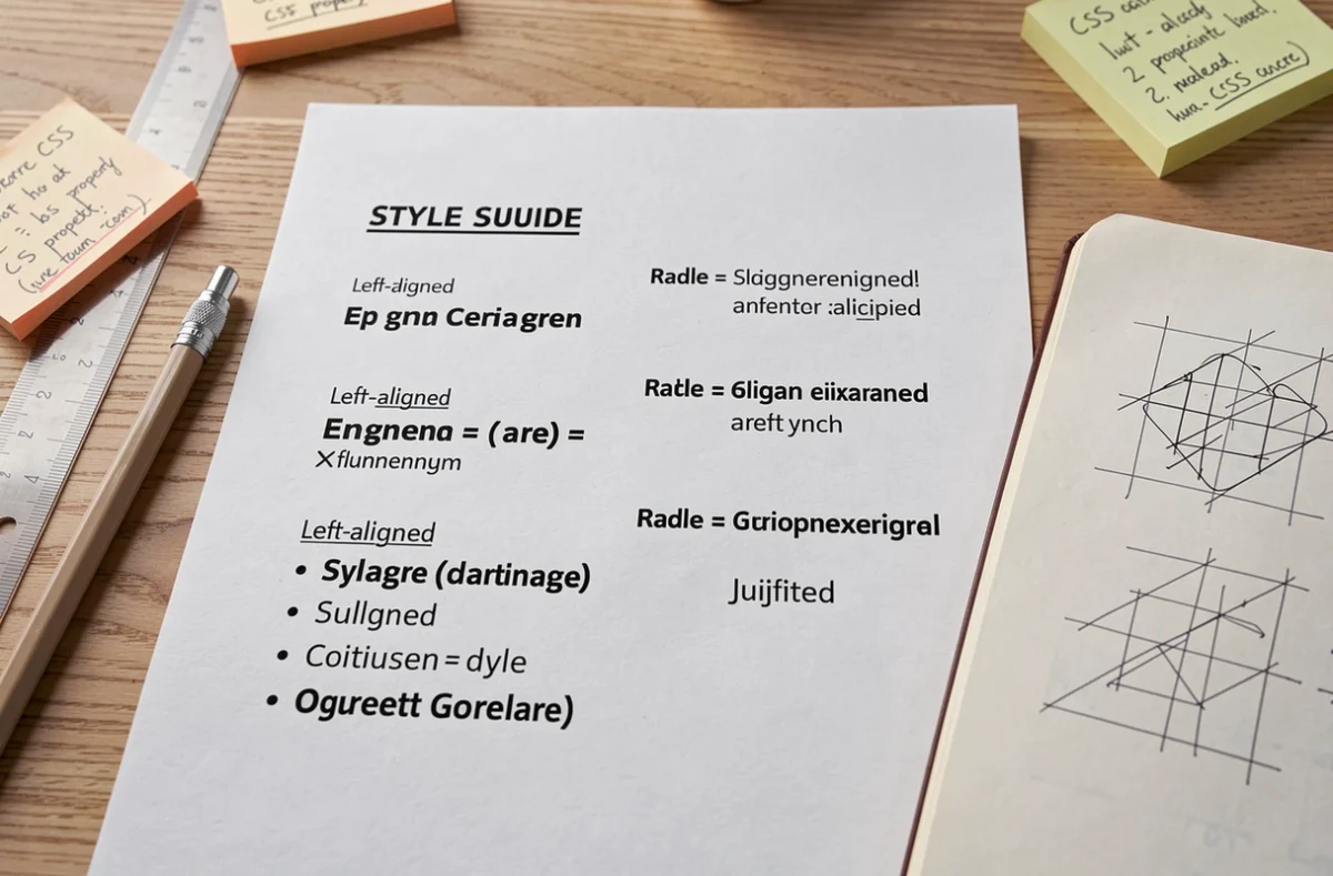 Guide de style typographique imprimé sur un bureau de designer avec exemples de centrage de texte CSS