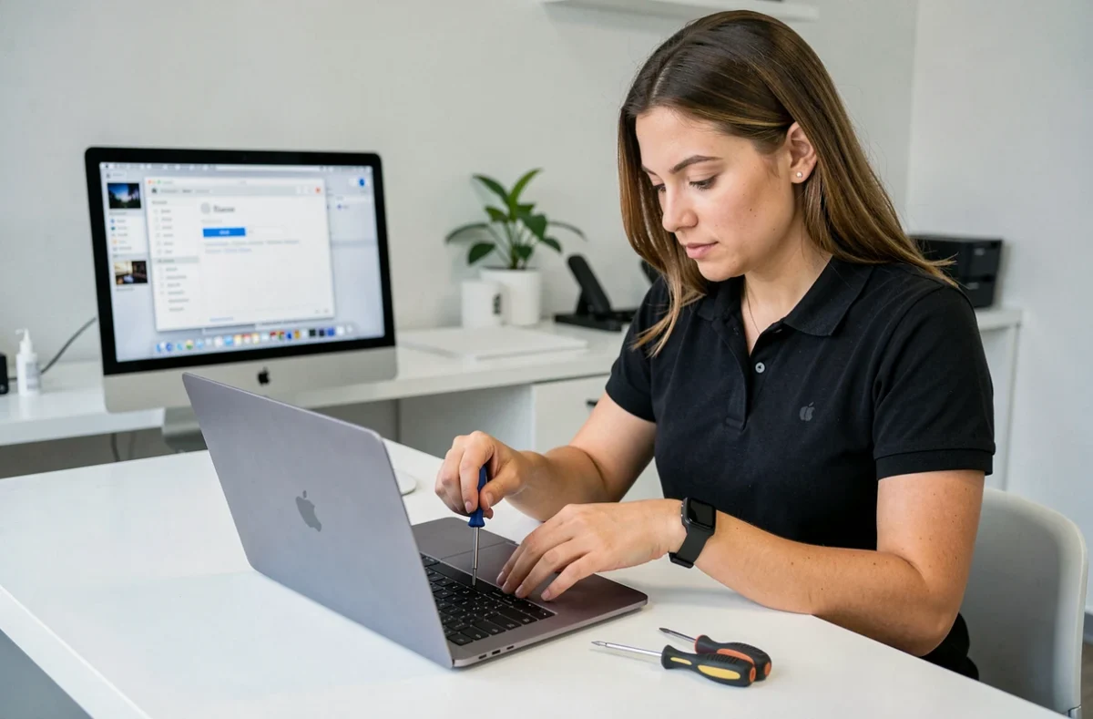 Technicienne Help-Tech réparant un MacBook dans un atelier spécialisé Mac dans le 94