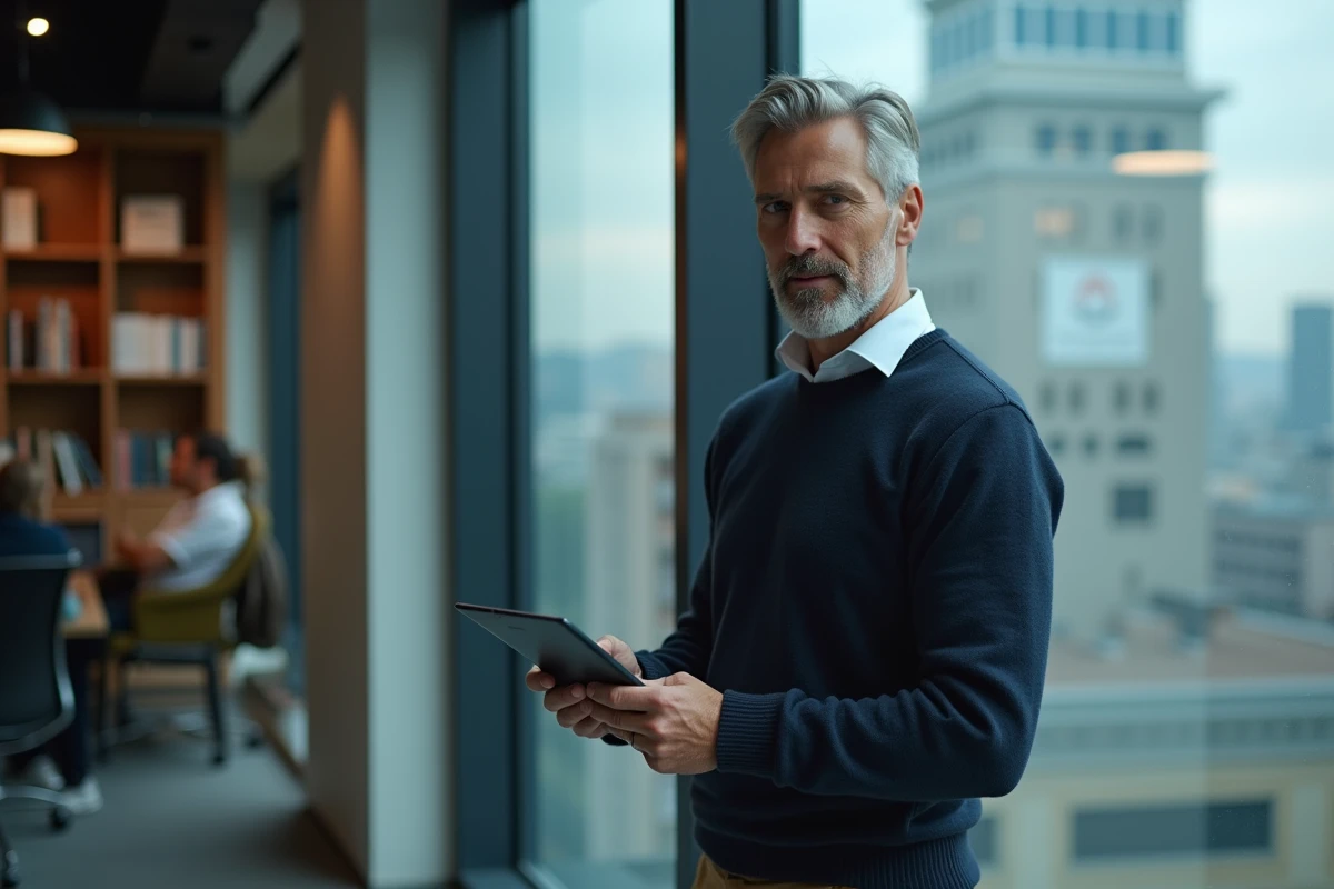 Homme d'affaires consultant un blog technologique sur tablette près d'une grande baie vitrée avec vue sur la ville