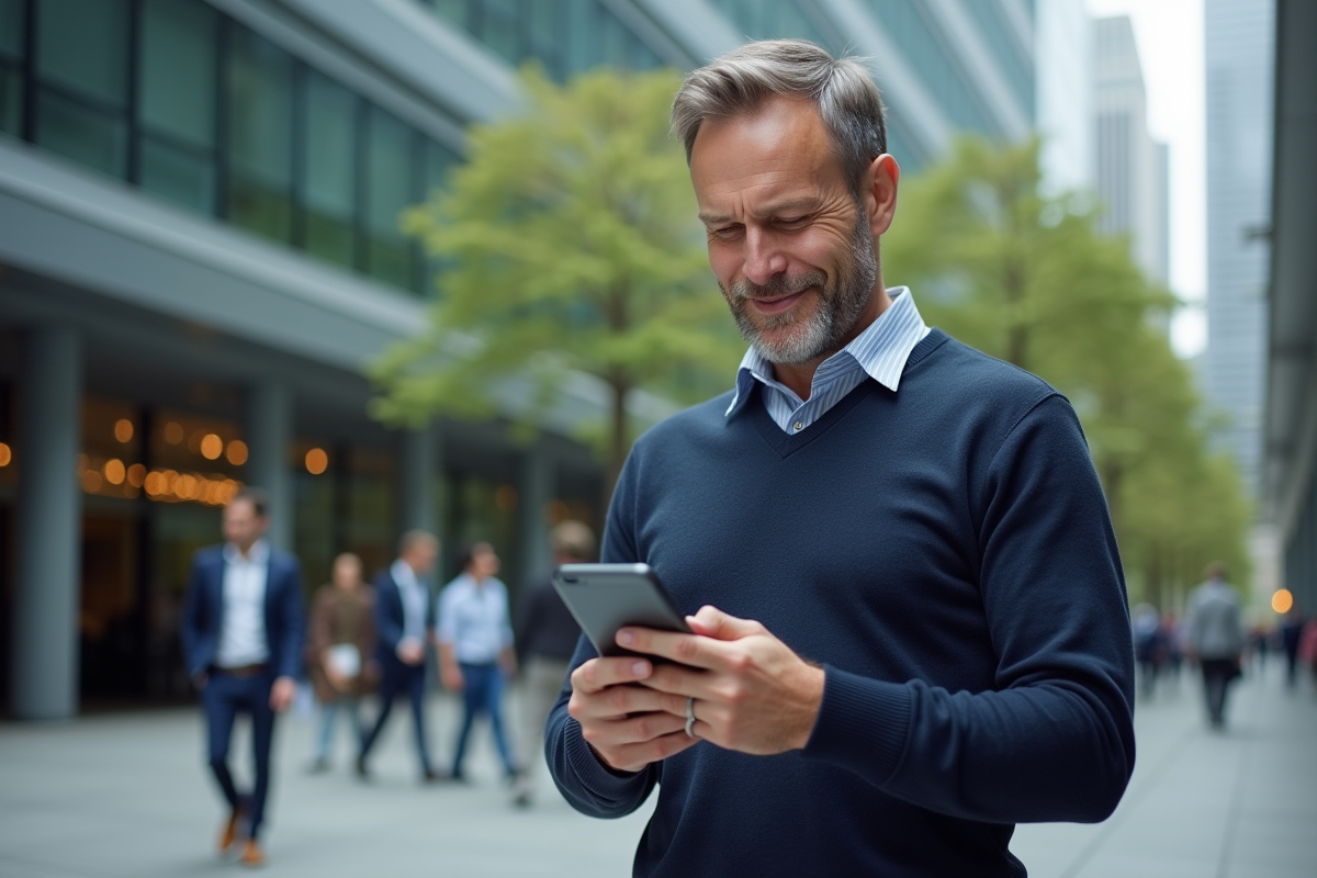 Homme d affaires dehors regardant sa notification smartphone