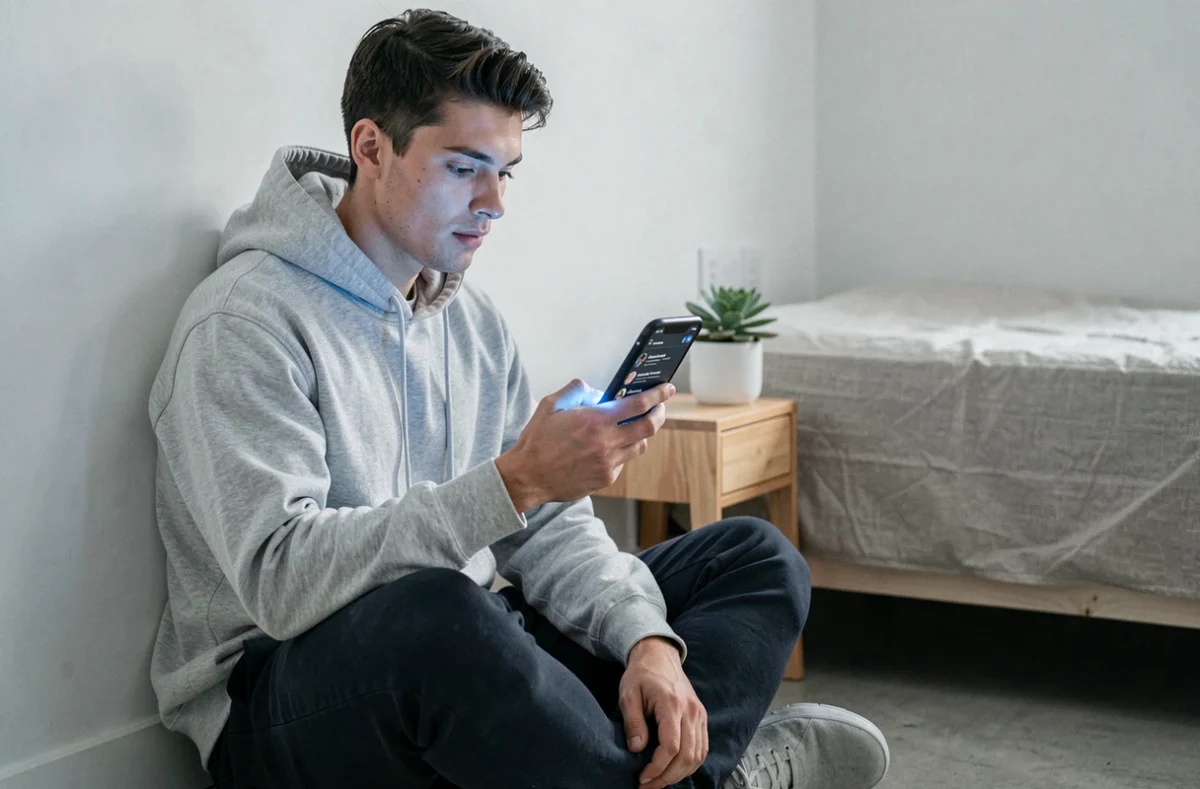 Jeune homme analysant les scores et groupes actifs sur Snapchat depuis son téléphone dans une chambre minimaliste