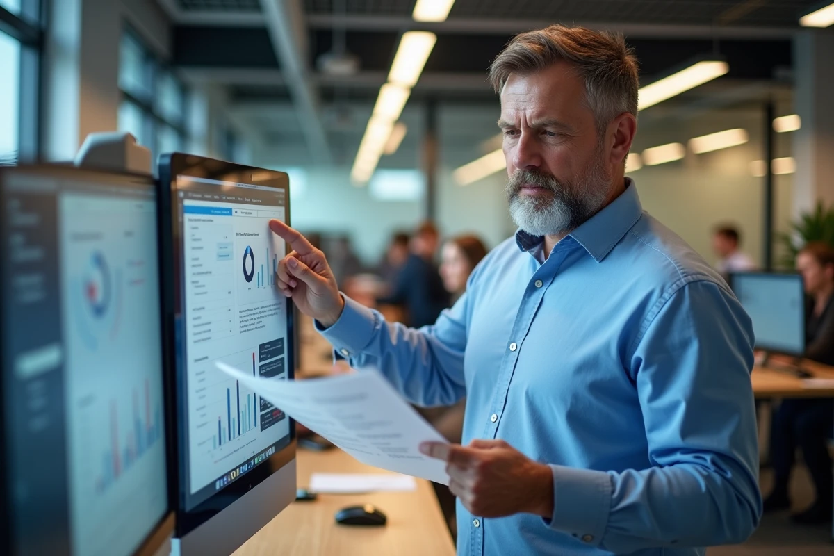 Homme analysant un audit SEO avec un ordinateur en bureau moderne