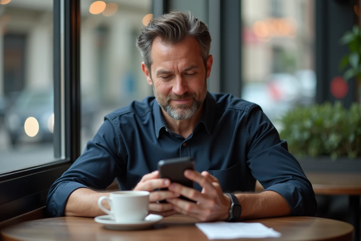 Homme consultant les avis clients sur un smartphone Android abordable dans un café