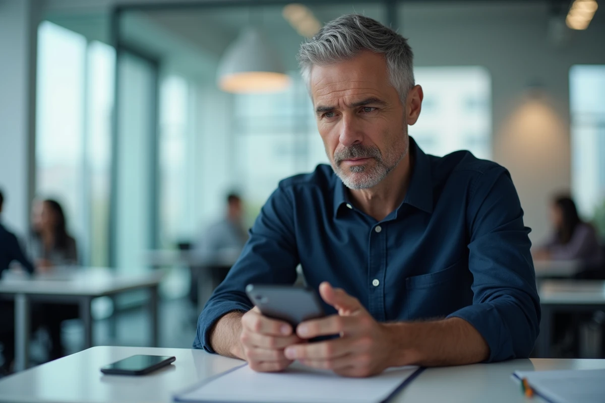 Homme en bureau utilisant la fonctionnalité presse-papier épinglé sur Android