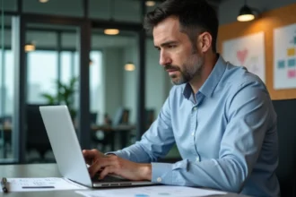 Homme d'âge moyen vérifiant ses emails au bureau