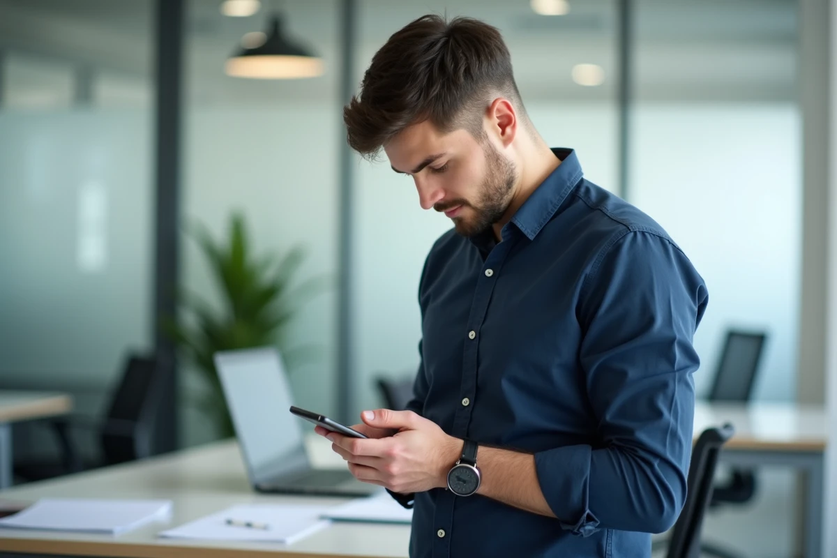 Homme en bureau convertissant un fichier PDF en Word sur son téléphone mobile avec Microsoft Word