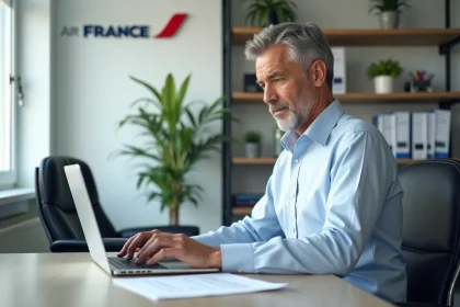 Homme d affaires au bureau avec ordinateur et logo Air France