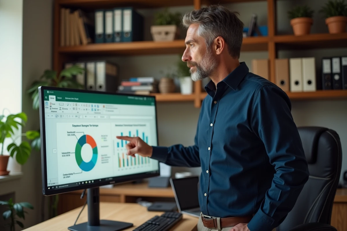 Homme en chemise bleue pointant un graphique camembert Excel multi-séries sur grand écran dans un bureau à domicile