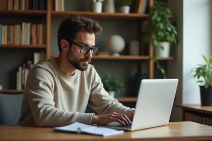 Homme en bureau à domicile regardant son ordinateur