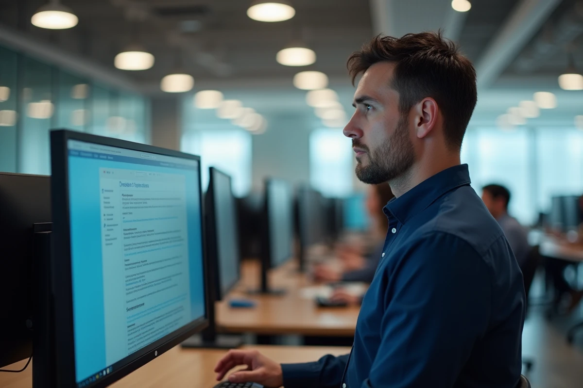 Homme en bureau moderne découvrant un tutoriel de logiciel de numérisation sur grand écran dans un espace de travail professionnel