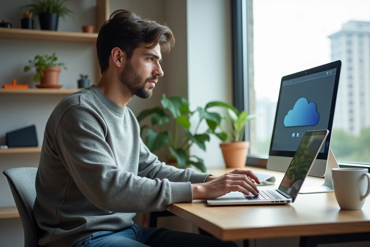 Homme concentré sur son ordinateur dans un bureau minimaliste