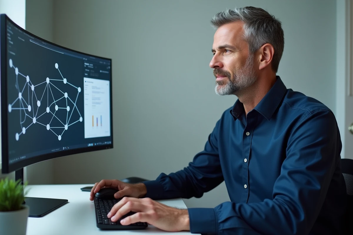 Homme devant un écran affichant un schéma réseau illustrant la distinction entre internet et le web dans un bureau à domicile