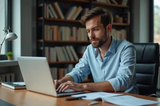 Jeune homme au bureau regardant options SSL sur ordinateur