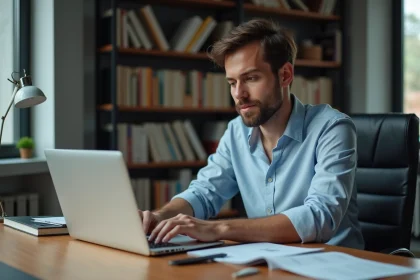 Jeune homme au bureau regardant options SSL sur ordinateur